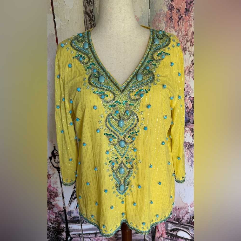 Boston Proper - Beaded Turquoise Embellished Yellow Tunic Top. Size XL